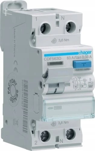 Hager Polo CDF563D RCD 2P 63A 30mA 10kA tipo F CDF563D