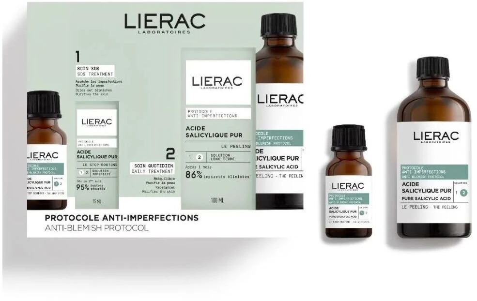 Set Lierac: Anti-Blemish Protocol Stop Spots Anti Spot Local Treatment Kreminis For Face, 15 ml + Anti-Blemish Peeling Exfoliating Peeling Lotion, 100 ml