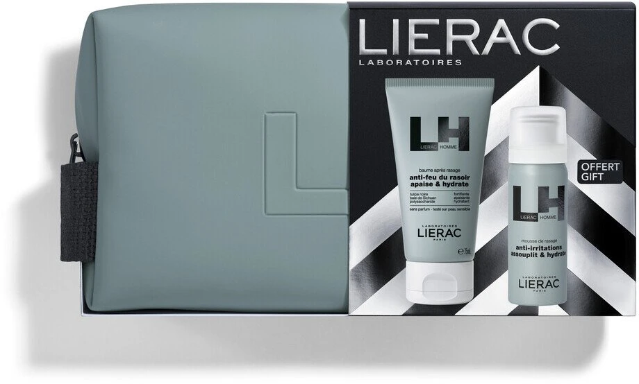„Lierac“ rinkinys „Lierac“: drėkinamasis balzamas po skutimosi, 75 ml + drėkinamosios skutimosi putos, 50 ml + užtrauktukas, GWP tekstilinis maišelis vyrams
