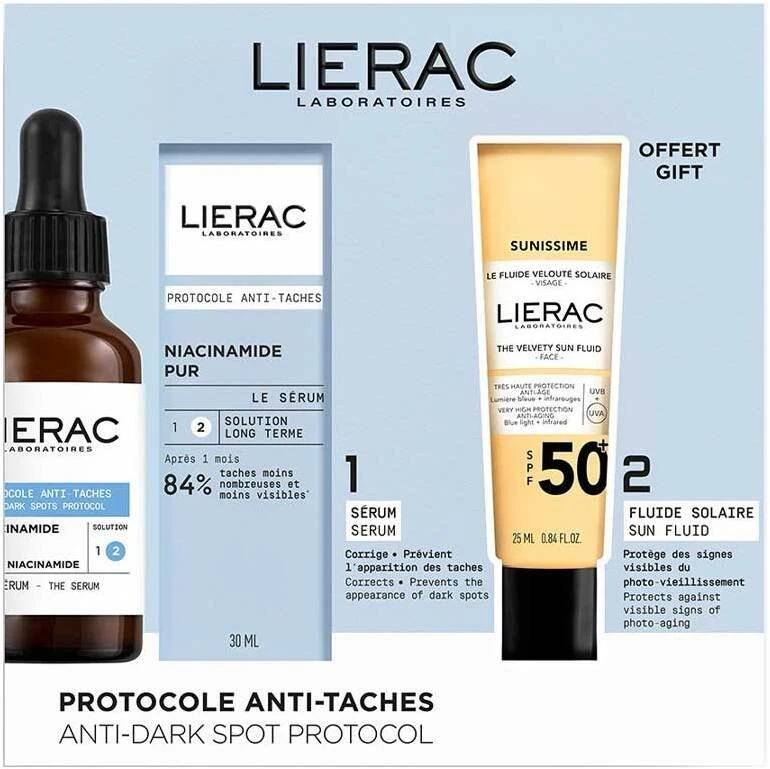 Rinkinys „Lierac“: „Protocole“ serumas veidui nuo tamsių dėmių, 30 ml + „Sunissime The Sun“ aksominis fluidas veidui SPF50+, 25 ml