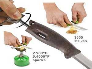 Carruzzo Morakniv "Light My Fire FireKnife" žalios spalvos peilis su akmenukais