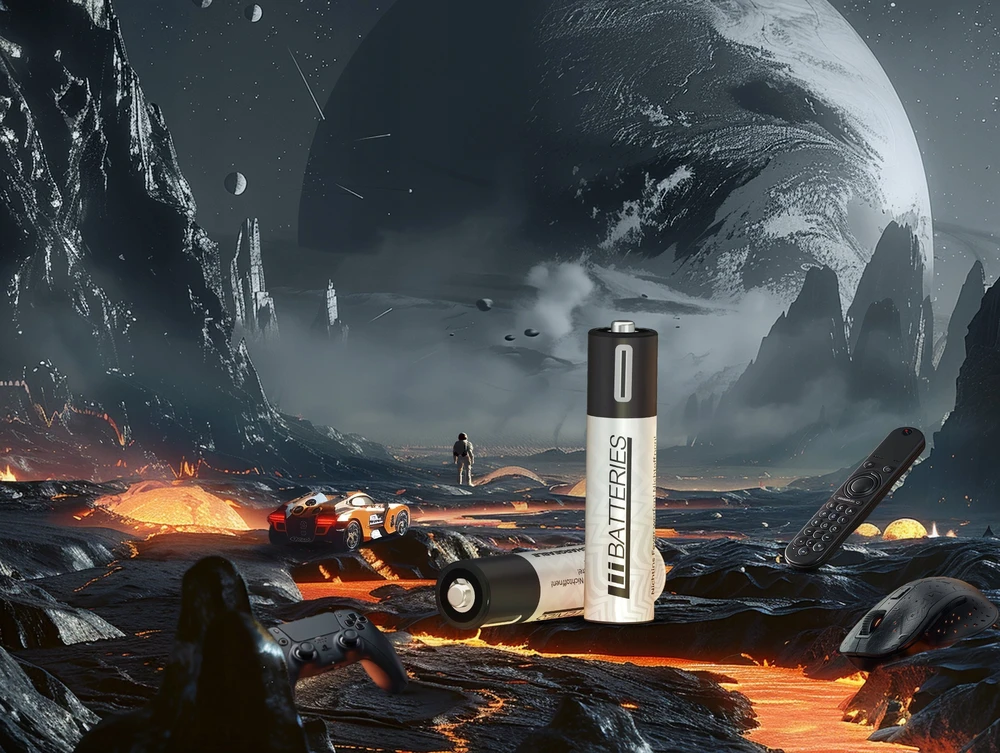 LiiBatteries AAA baterijos kosminio peizažo fone