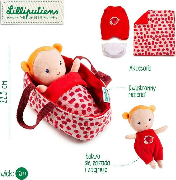 „Lilliputiens Baby in Basket“ su „Aghate“ drabužiais ir antklode
