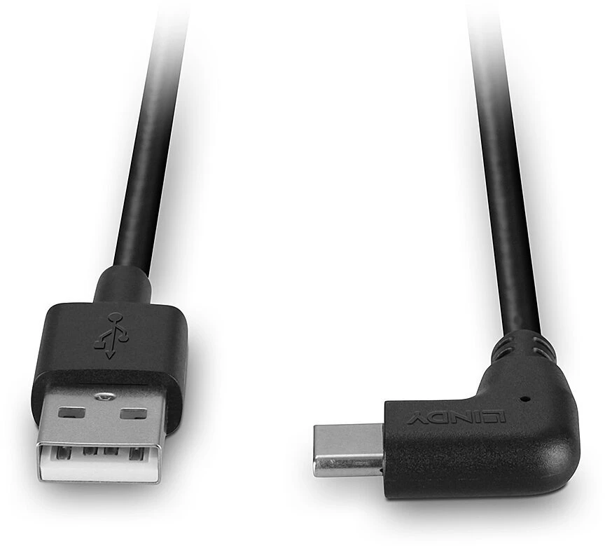 USB Kabelis - LINDY USB 2.0 tipo A į C Laidas, 90° Dešinysis Kampas, M/M, 0.5 m, Juodas