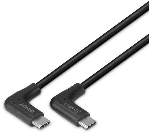 USB Kabelis - LINDY USB 3.2 Type C Laidas, M/M, 10Gbps, 60W PD, 2 x 90° kampas, 1.5 m, Juodas