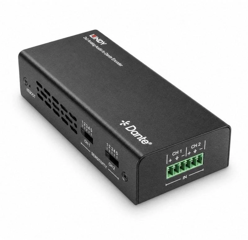Garso Kodavimo Įrenginys - Lindy 2ch Analoginis Garso į Dante® Kodavimo Įrenginys, 96kHz, RJ45 Išėjimas, Juodas