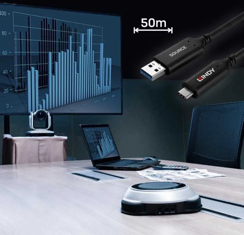 USB Kabelis - LINDY USB 3.2 Tipo A į C Hibridinis Laidas, 5Gbps, PVC Danga, 50 m, Juodas