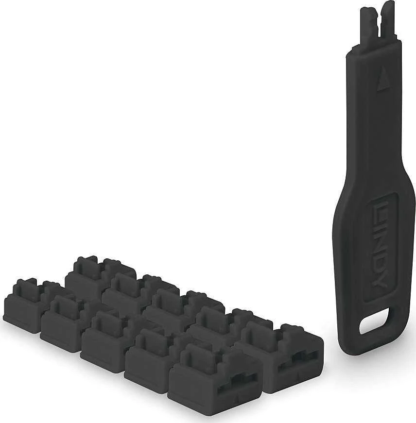 Tinklo Priedas - LINDY RJ45 Prievado Blokatorius 10 vnt. + 1 Raktas, ABS Juodas