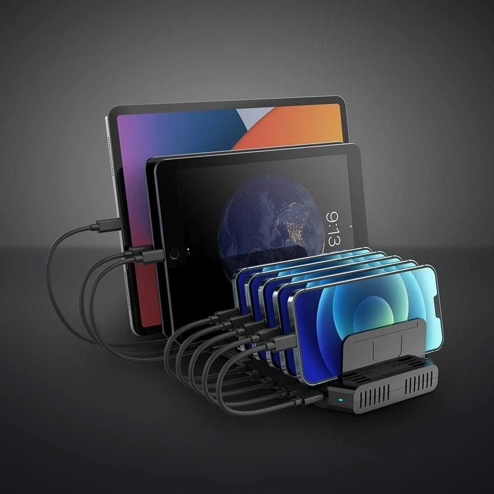 USB Įkrovimo Stotis - LINDY 120W 10 Prievadų Įkrovimo Stotis, 8 x USB Type A, 2 x USB Type C, Juoda