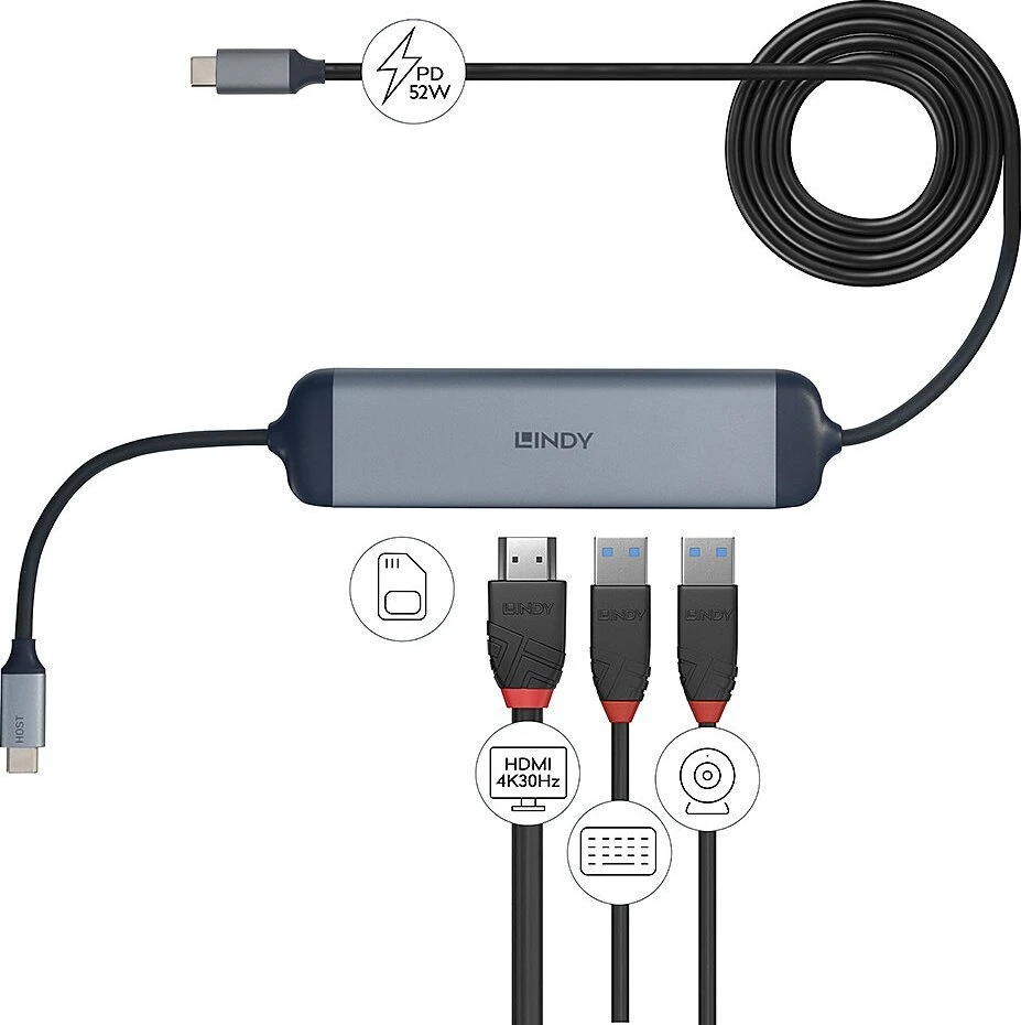USB-C Dokų Stotis - Lindy DST-Micro 140, 4K HDMI, PD 3.0 60W, USB 3.2 Gen 1