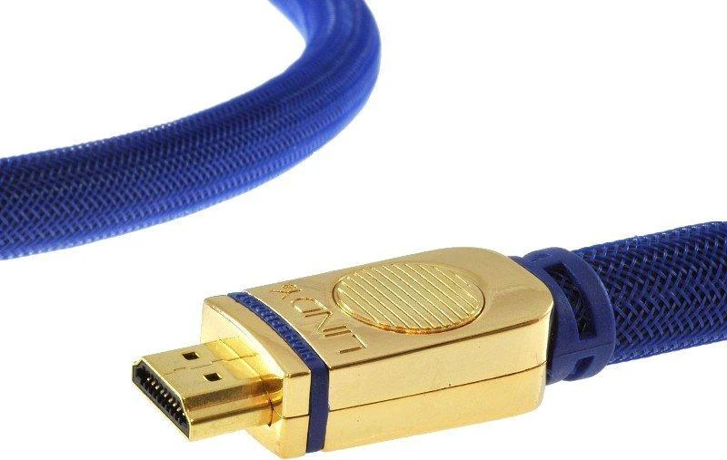 Lindy HDMI laidas - auksinė jungtis ir mėlynas audinys