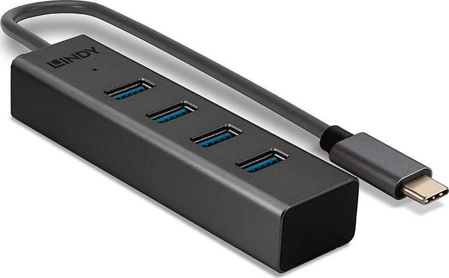 USB Hub - LINDY 4 Portų USB 3.2 Gen 1 Type C Hub, 5 Gbps, Duomenų Perdavimui, 30 cm Kabelis, Juodas