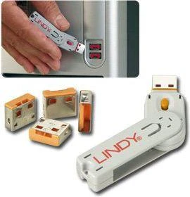 USB Prievado Blokatorius - LINDY USB A Prievado Blokatorius, 4 vnt + USB Type A Prievadai su Raktu, Oranžinis