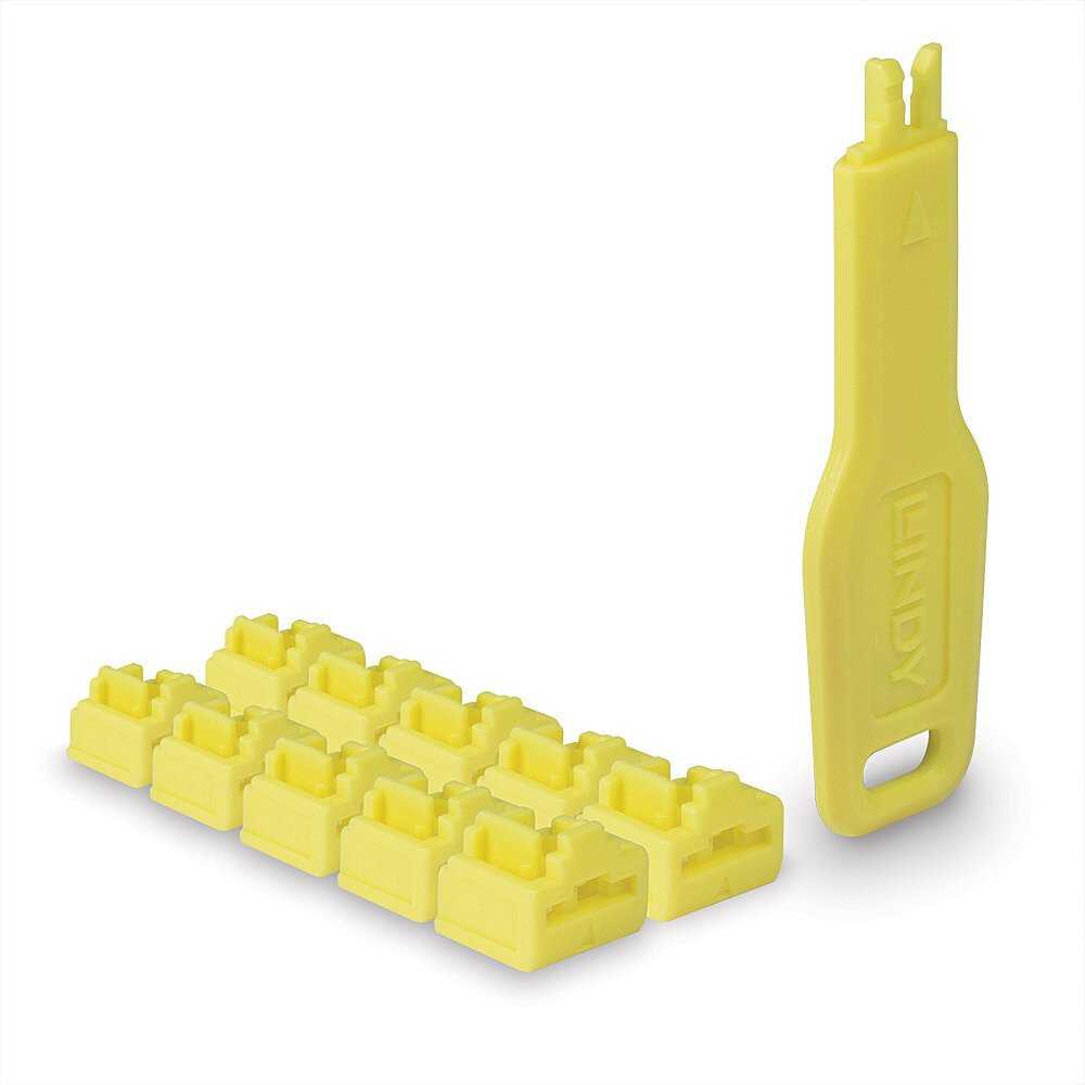 Lindy Tinklo Priedas - RJ45 Prievado Blokatorius 10vnt + 1 Raktas ABS Geltonas