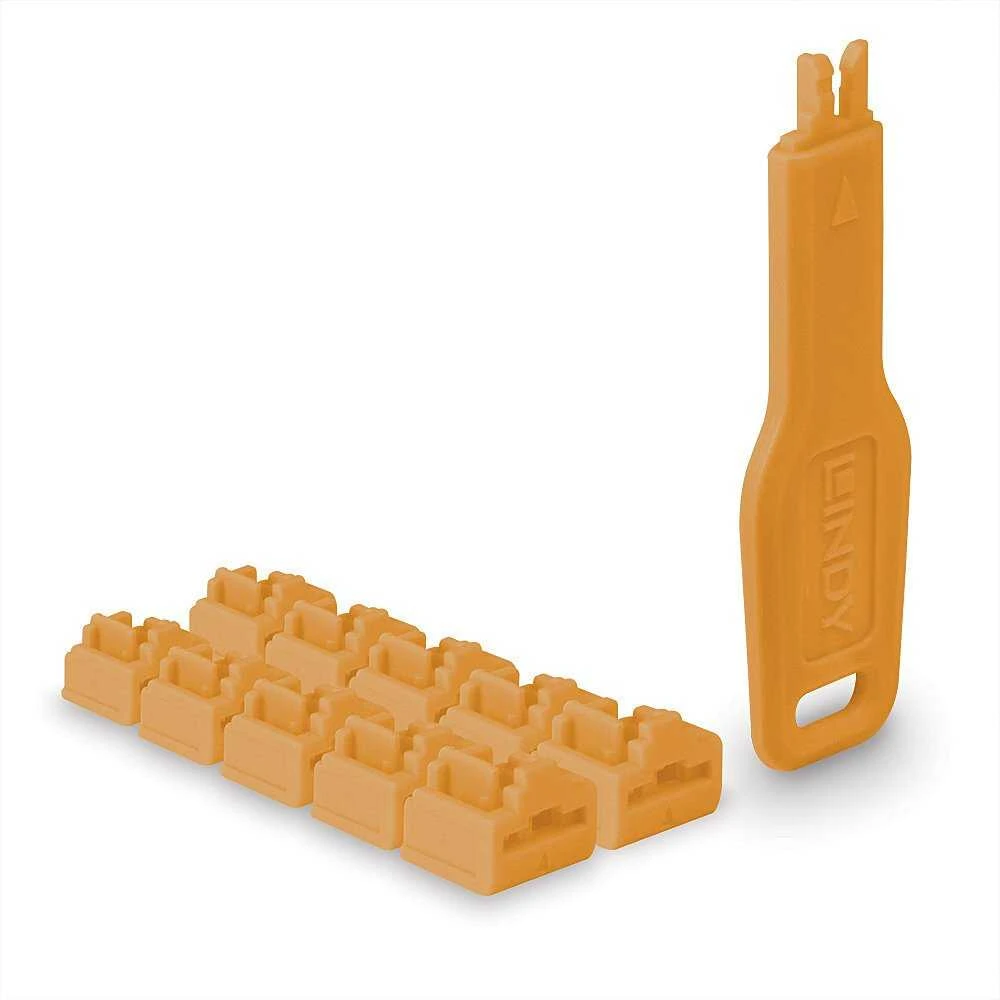 Tinklo Priedas - LINDY RJ45 Prievado Blokatorius 10 vnt. + 1 Raktas, ABS Oranžinis