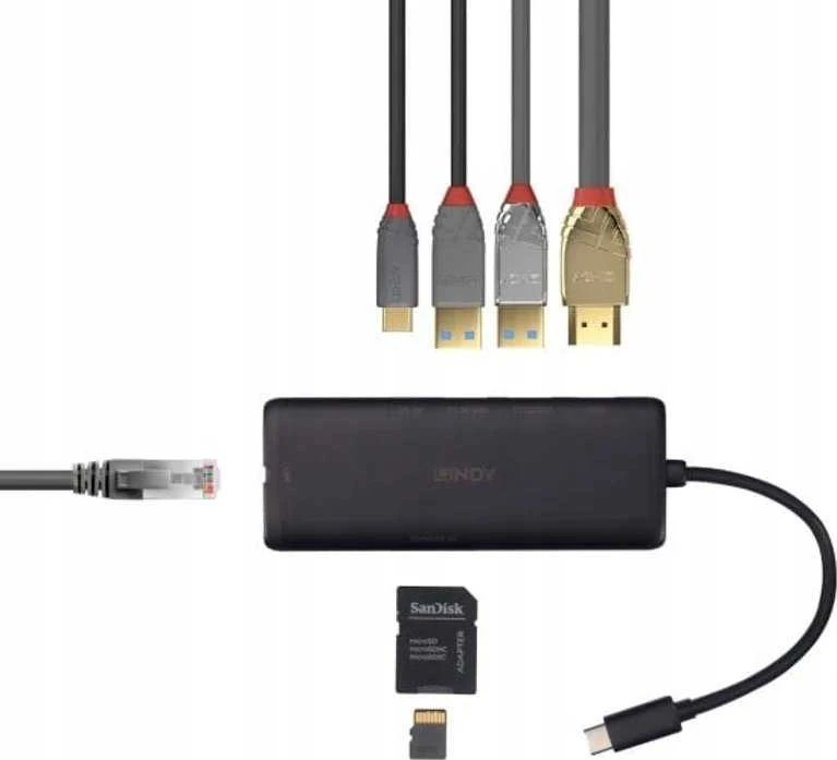 Nešiojamojo Kompiuterio Dokavimo Stotis - LINDY DST-Mini, USB-C Nešiojamojo Kompiuterio Mini Dokavimo Stotis, 4K Palaikymas, 100W Perėjimo Įkrovimas 4K HDMI®, PD 3.0 100W, Gigabit Ethernet, MicroSD ir SD, Juoda