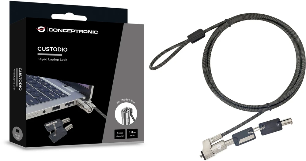 Linka zabezpieczająca Conceptronic Notebook blokada na klucz gniazdo klinowe 1.80m (CUSTODIO02BWM)