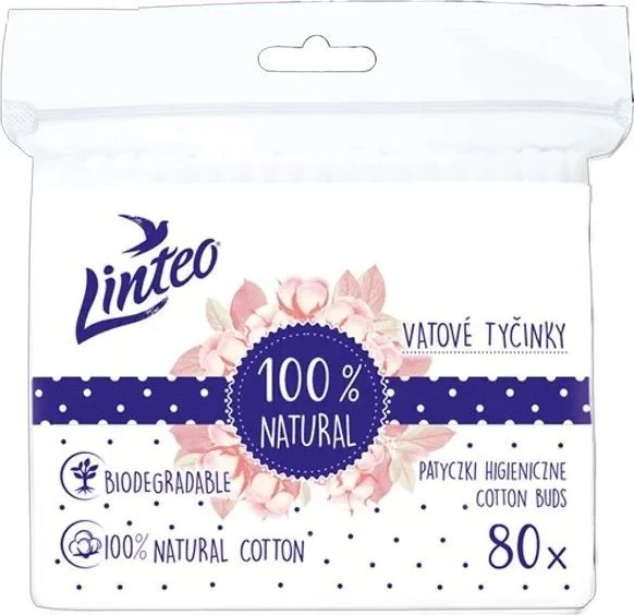 Popieriniai vatos pagaliukai Linteo, 100% natūralūs, 100 vnt. dėžutėje