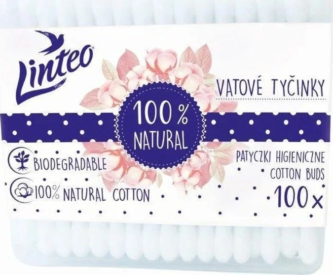 Popieriniai vatos pagaliukai Linteo, 100% natūralūs, 100 vnt. dėžutėje