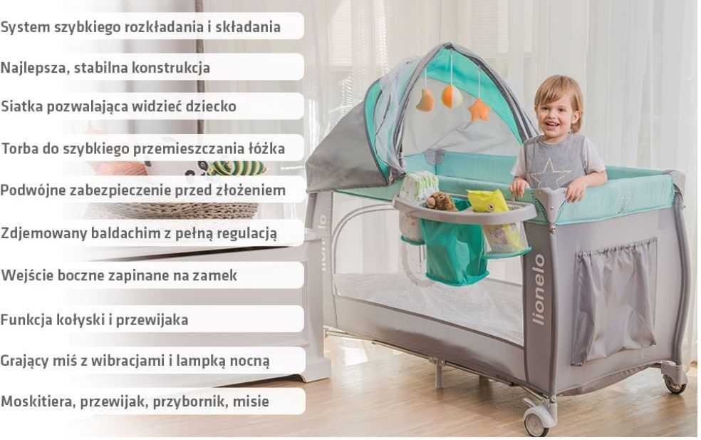 Kelioninė lovytė-maniežas su vystymo stalu iki 15 kg Lionelo Sven Plus Turquoise/Pilkas