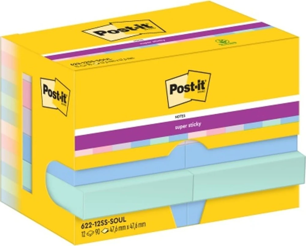 Lipnūs lapeliai 3M Post-it® Super Sticky Soulful, 47.6mmx47.6mm, 12 vnt. po 90 lapelių