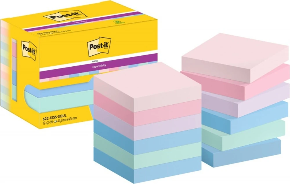 Lipnūs lapeliai 3M Post-it® Super Sticky Soulful, 47.6mmx47.6mm, 12 vnt. po 90 lapelių