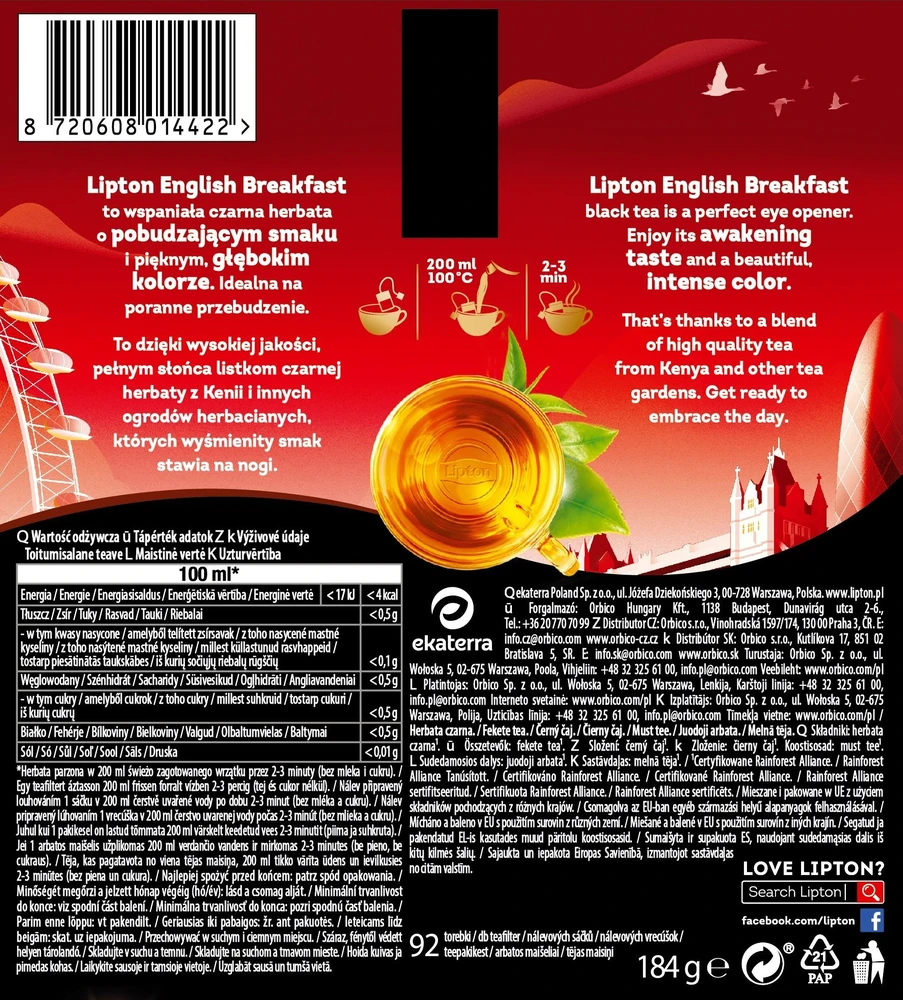 Lipton juoda arbata, pakuotės informacija