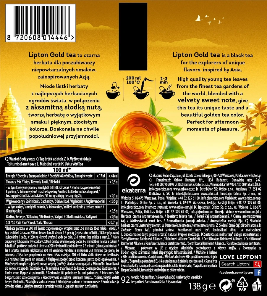 Lipton LIPTON arbata juoda, Gold Tea, 92 pakeliai