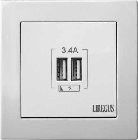 Liregus Įleistinis USB- kroviklis EPSILON, dvivietis, baltos sp., 220V, 50-60Hz, 3,4A