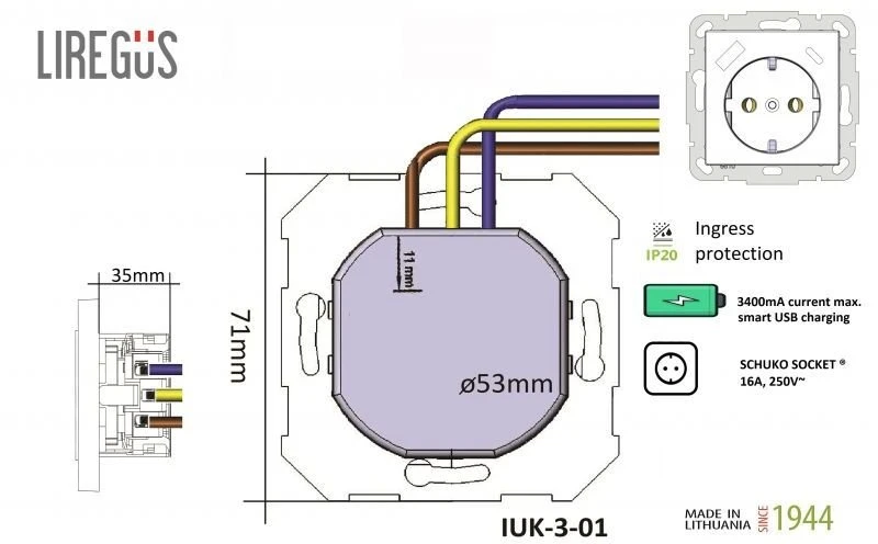 Kištukinis lizdas ir USB A+C kroviklis LIREGUS MODERN,balta
