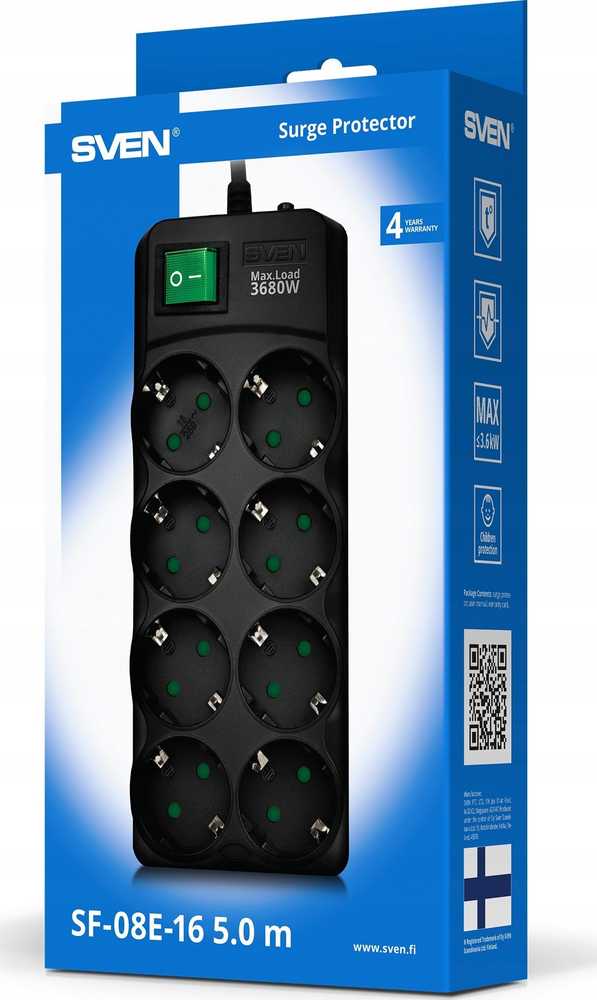 SVEN SF-08E-16 viršįtampių apsaugos juosta 3,0 m (8 lizdai) juoda