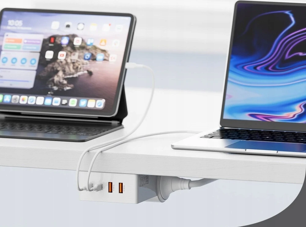Listwa zasilająca 4smarts Desk GaN 6w1 65W USB-C/A/AC 2 gniazda jungiama į tinklą 1,5 m Baltas (540559)