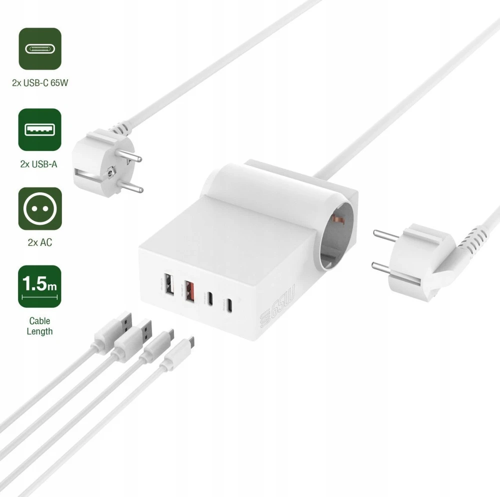 Listwa zasilająca 4smarts Desk GaN 6w1 65W USB-C/A/AC 2 gniazda jungiama į tinklą 1,5 m Baltas (540559)