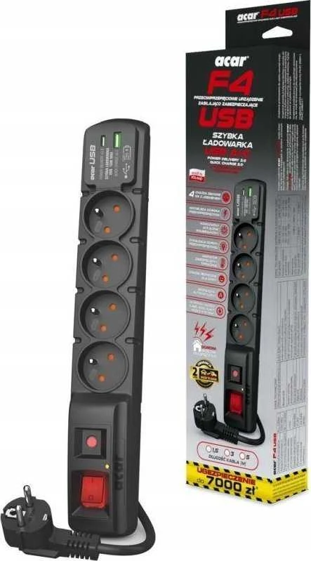 Acar F4 USB A+C viršįtampių apsaugos laidas (greitas įkroviklis) 3 m ; juodas