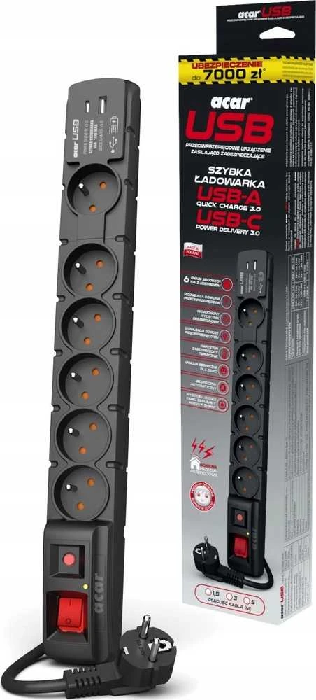 ACAR W2437 surge protector Juodas 6 AC outlet(s) 230 V 3m