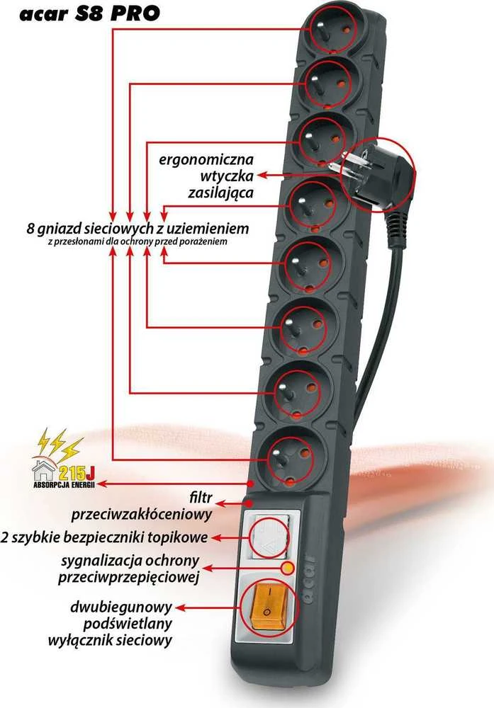 Maitinimo juosta Acar S8 PRO viršįtampių apsauga 8 lizdai 1,5 m juodi (W0142)