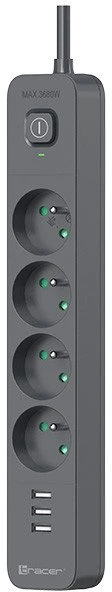 Listwa TRACER Power Line+ mobiliųjų įrenginių maitinimo laidas su viršįtampių apsauga, 5 m (4 lizdai + 3x USB A, 5V 2.4A)