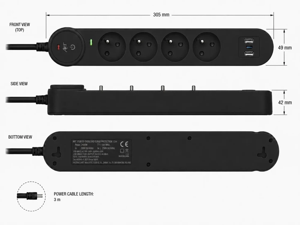 Extension cord 4 sockets + 2 x USB A + USB C Art FU815 3 m juodas