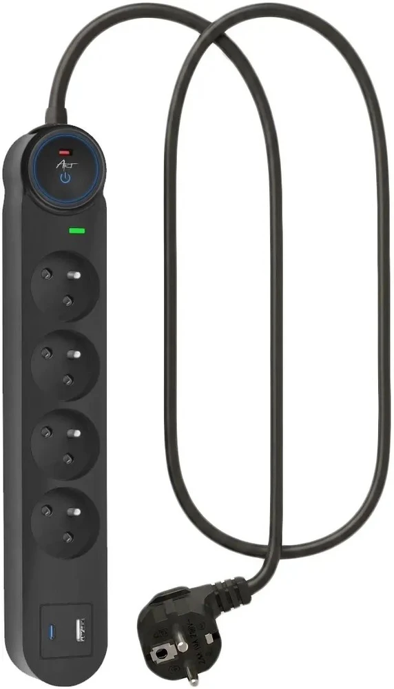 Extension cord 4 sockets + USB A + USB C Art FU910 1,5 m juodas