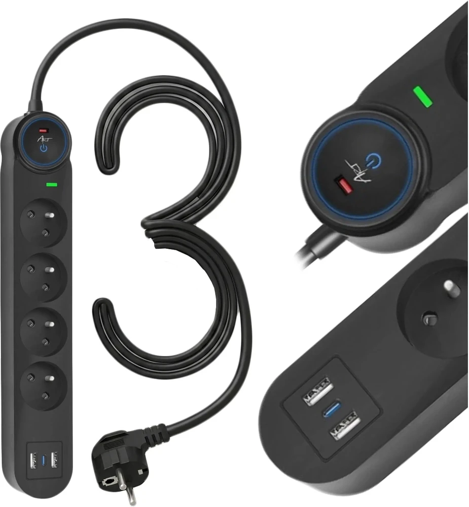 Extension cord 4 sockets + 2 x USB A + USB C Art FU815 3 m juodas