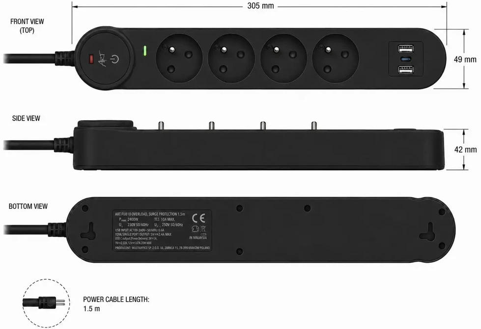 Extension cord 4 sockets + 2 x USB A + USB C Art FU810 1,5 m juodas