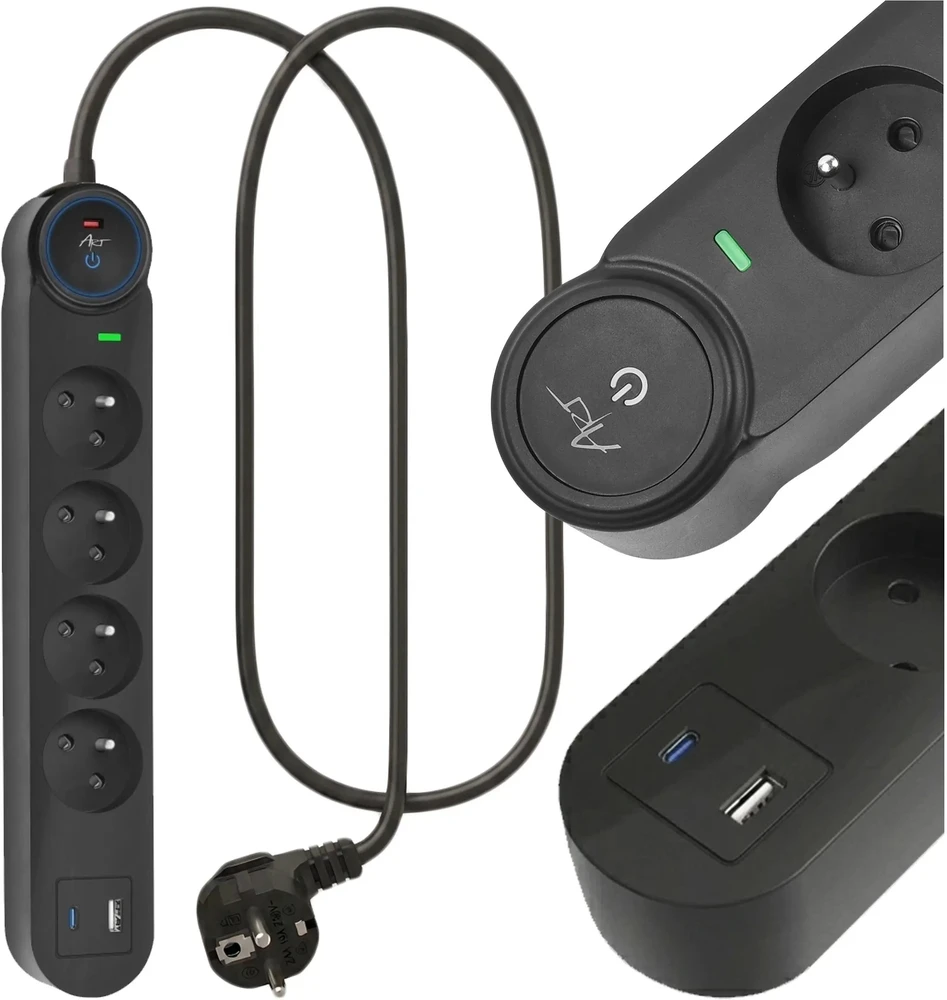 Extension cord 4 sockets + USB A + USB C Art FU910 1,5 m juodas