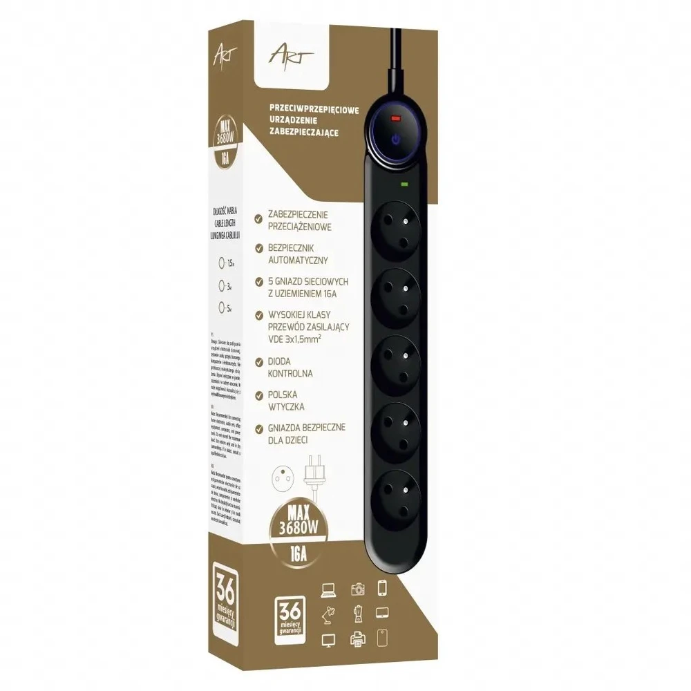 Extension cord 5 sockets Art F2100 1,5 m juodas