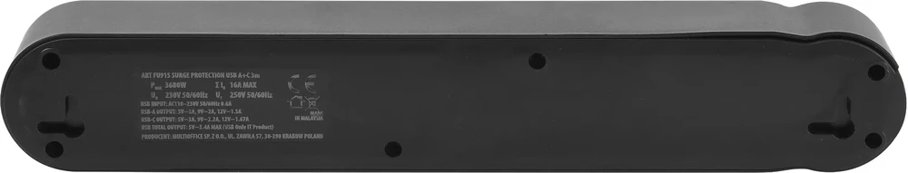 Prailgintuvas 4 lizdai + USB A + USB C Art FU915 3 m juodas