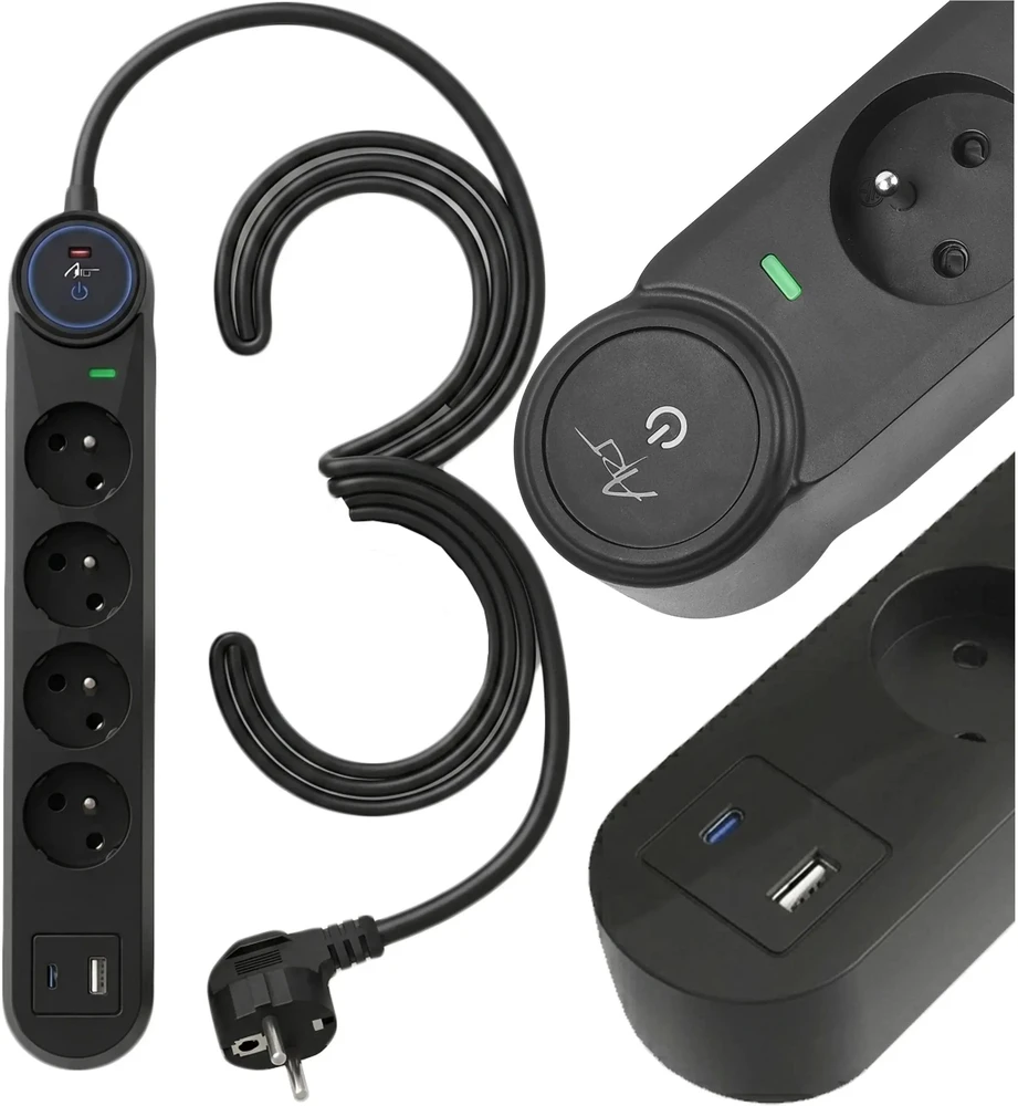 Prailgintuvas 4 lizdai + USB A + USB C Art FU915 3 m juodas