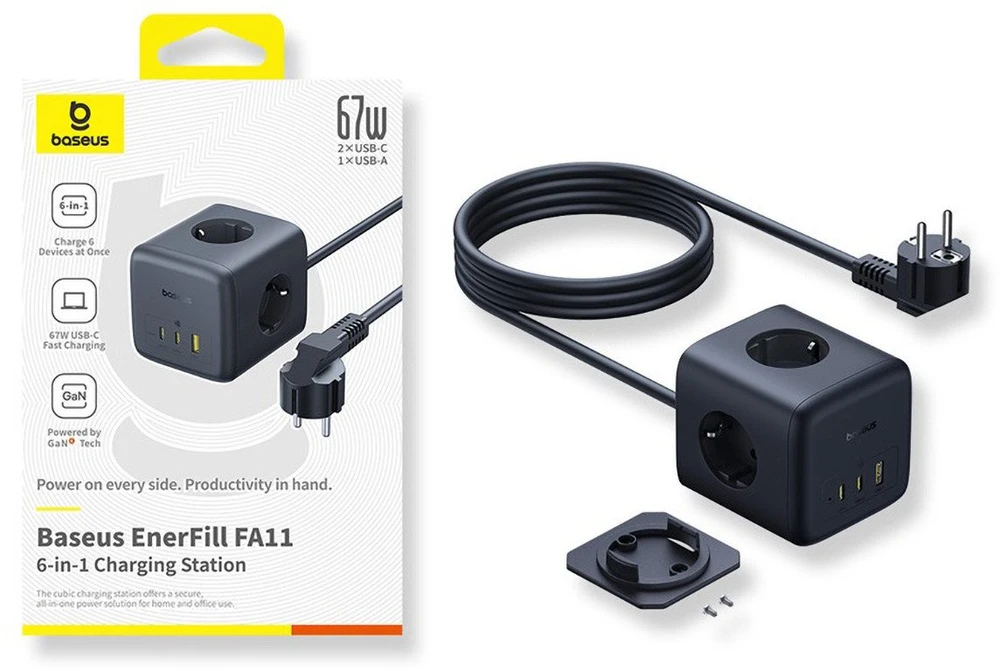 Baseus EnerFill FA11 67W Power Strip, USB-A + USB-C Cube + 3 x EU Socket 1.5m – juodos spalvos