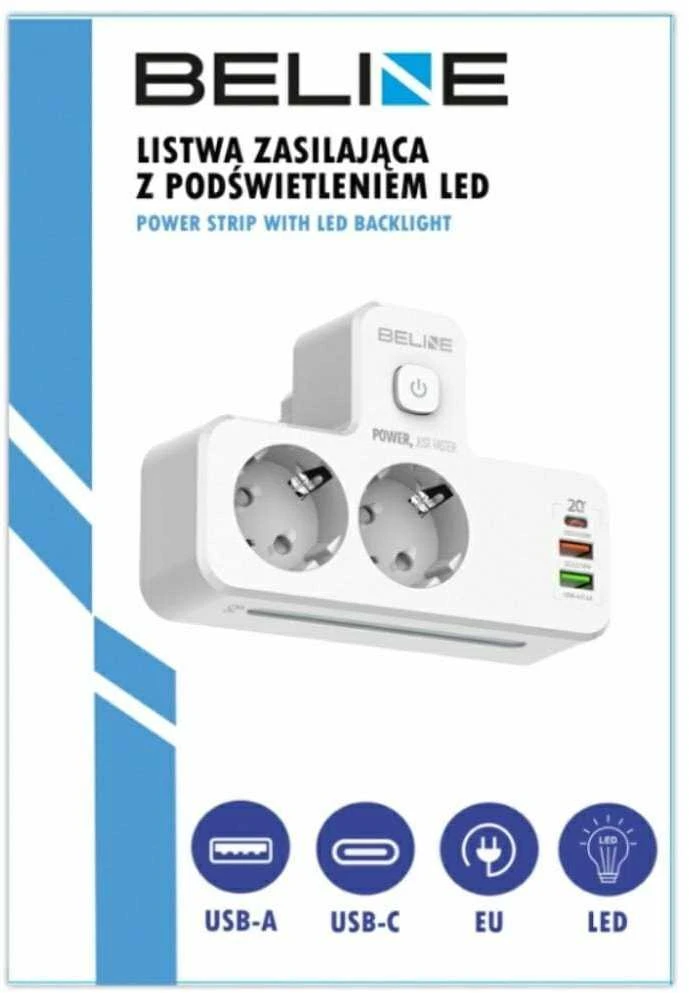 Beline maitinimo lizdas su LED apšvietimu 2xUSB-A/USB-C/2xAC baltos spalvos