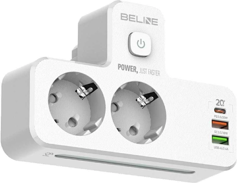 Beline maitinimo lizdas su LED apšvietimu 2xUSB-A/USB-C/2xAC baltos spalvos