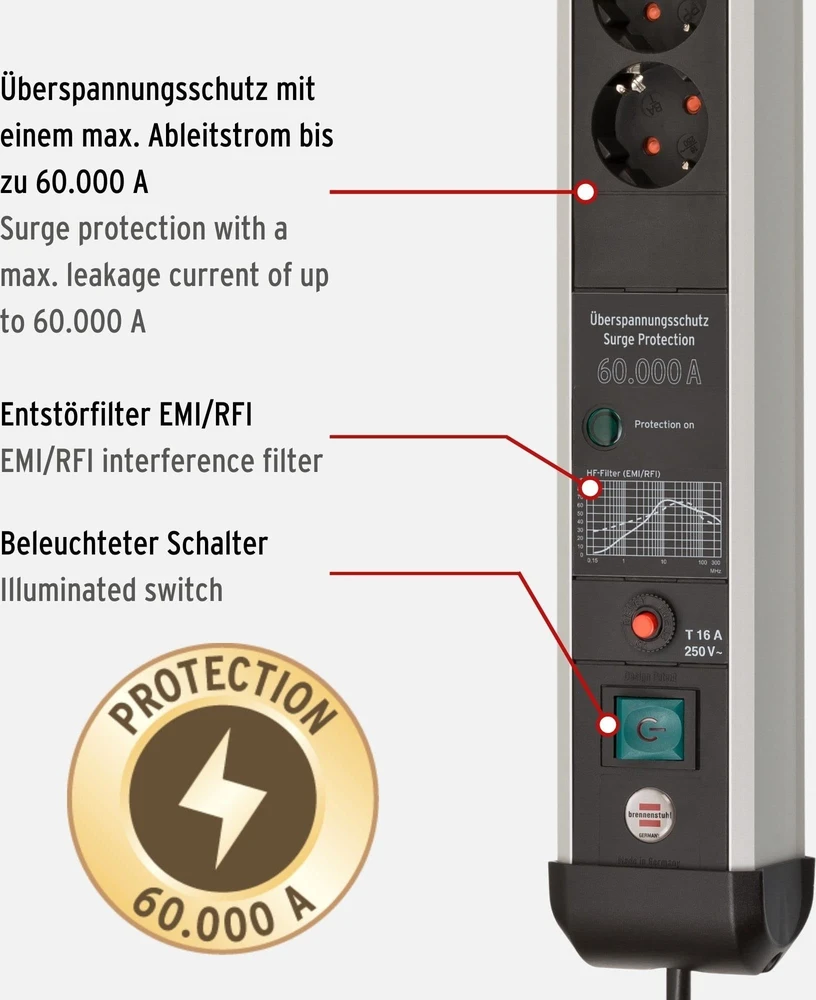 Carruzzo Brennenstuhl 1391010800 elektros tinklo ilgintuvas 3 m 8 AC išvestis(ys / čių) Vidaus Juoda, Sidabras