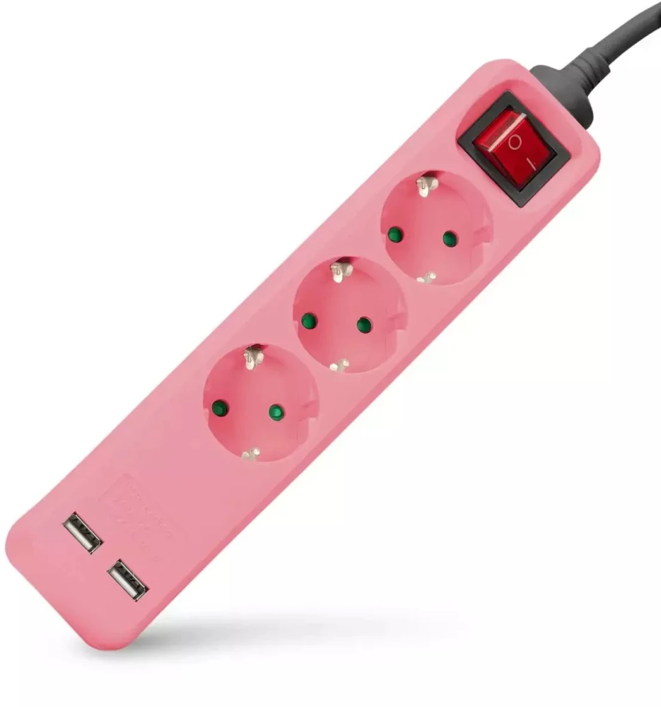 Ilgiklis Entac 3 lizdų +2USB 1.5m 16A su jungikliu, rožinis